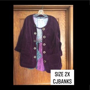 Plum colored corduroy jacket with blouse